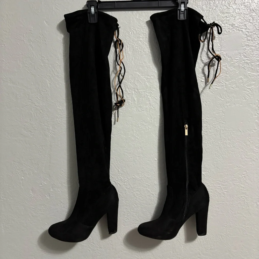 BAMBOO Black Over-the-Knee Boots with Lace Detail